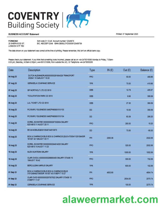 Coventry Building Society organization checking account statement Word and PDF template